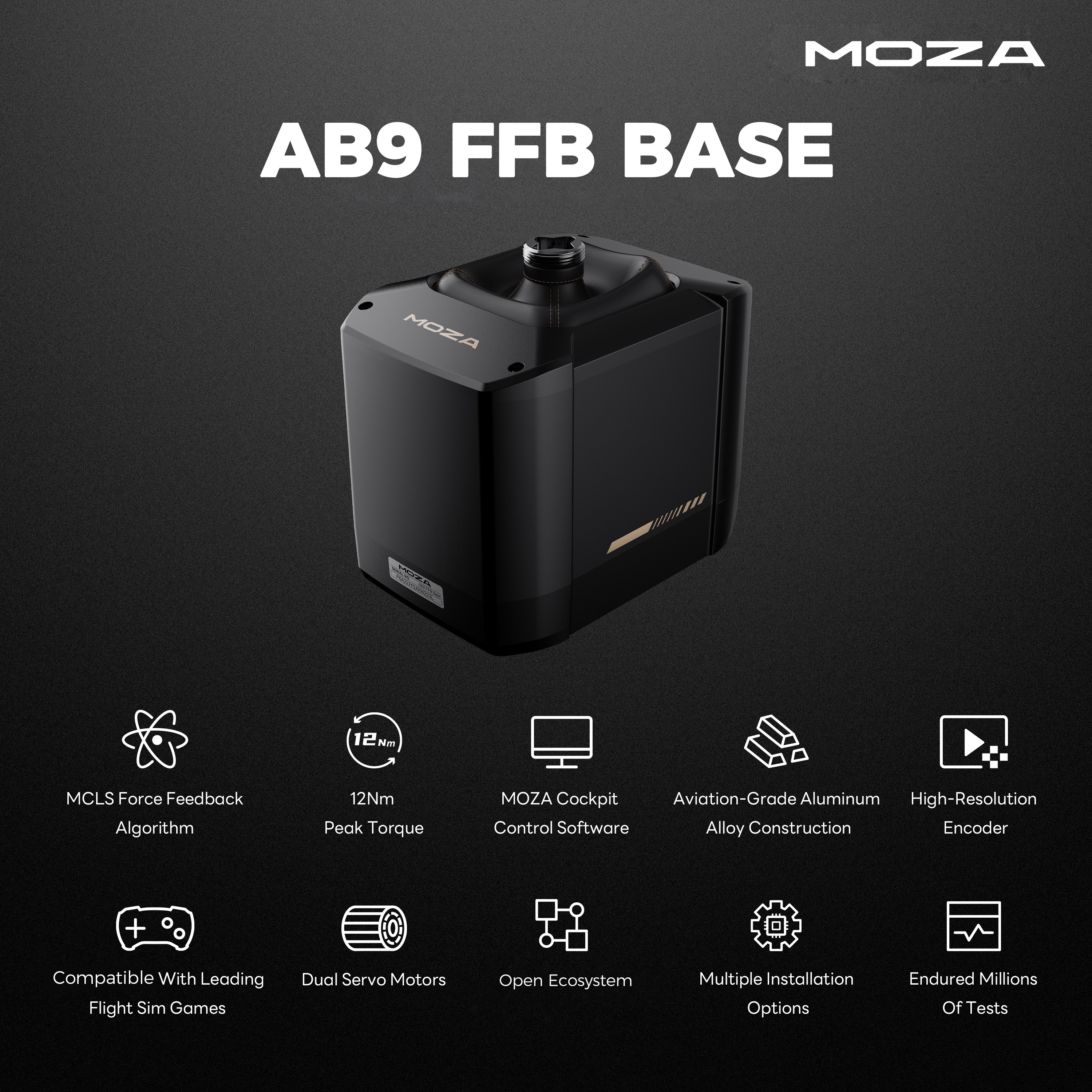 A large marketing image providing additional information about the product MOZA Flight AB9 Active Force Feedback Base - Additional alt info not provided